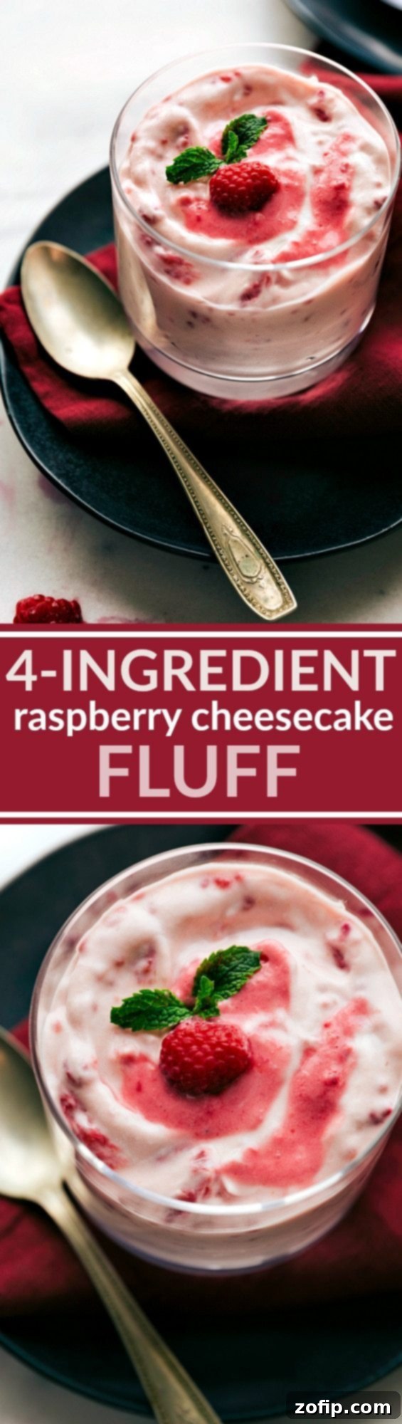 Delicious FOUR INGREDIENT RASPBERRY CHEESECAKE FLUFF. An incredibly easy dessert salad, ready in just FIVE minutes prep and completely foolproof! Recipe via chelseasmessyapron.com