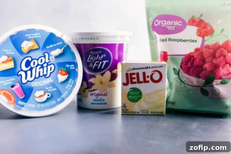 A bright, clear photograph showcasing the four essential ingredients for Raspberry Fluff neatly arranged on a countertop: a large container of vanilla yogurt, a small box of instant cheesecake pudding mix, a bag of frozen raspberries, and a tub of thawed whipped topping.
