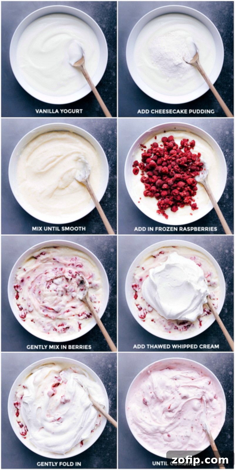 A series of process photographs showing the easy steps to make Raspberry Fluff: first, whisking vanilla yogurt with dry pudding mix; then, gently folding in frozen raspberries; and finally, incorporating thawed whipped topping to create a smooth, pink, fluffy dessert.