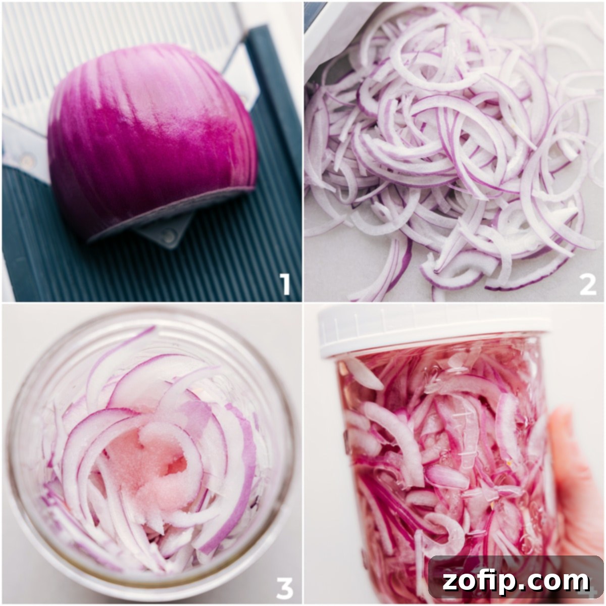 How To Make Pickled Red Onions Red onions being thinly sliced and then combined with all pickling ingredients in a jar.