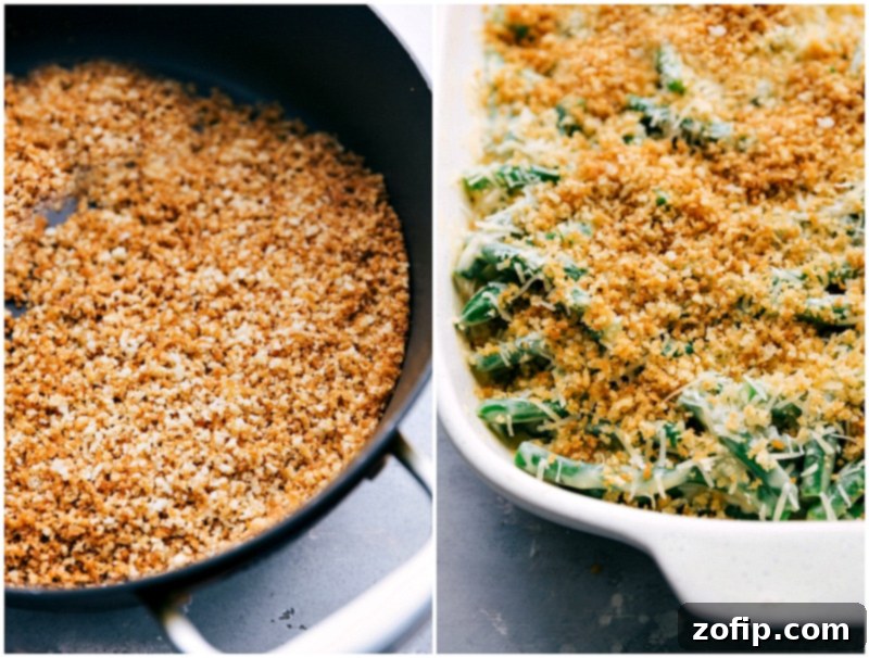 Golden brown, crispy panko breadcrumbs being generously sprinkled on top of a bubbling green bean casserole, fresh out of the oven.