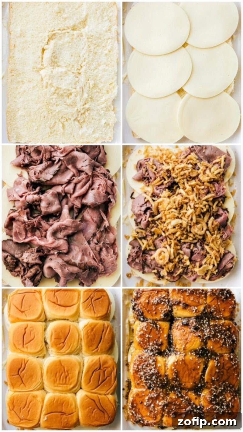 Enjoy French Dip Sliders Provolone, roast beef, crispy onions, all being layered on rolls and topped with another layer of rolls and butter.