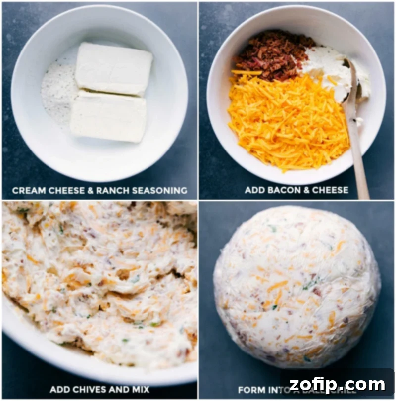 Mixing cream cheese and ranch seasoning together, adding bacon, cheese, and chives, mixing them together, forming the mixture into a ball, and wrapping it in plastic to chill, one of the final steps in the cheese ball recipe.