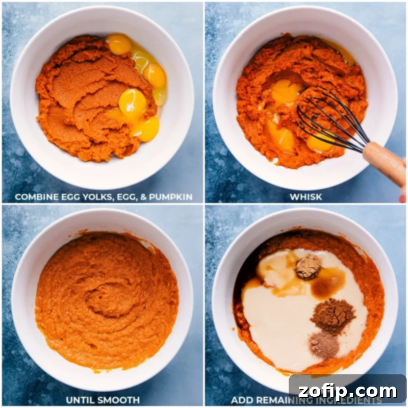 The vibrant orange pumpkin puree, farm-fresh eggs, creamy sweetened condensed milk, and an aromatic blend of vanilla and fall spices are meticulously whisked together in a bowl, forming the luscious filling for this irresistible Pumpkin Pecan Pie.