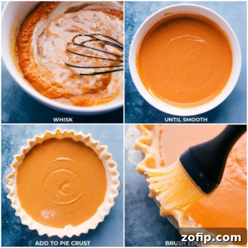 A visual guide showing the process of whisking pumpkin pie filling ingredients, carefully pouring the smooth mixture into the prepared pie crust, and brushing the crust edges with an egg wash before baking.