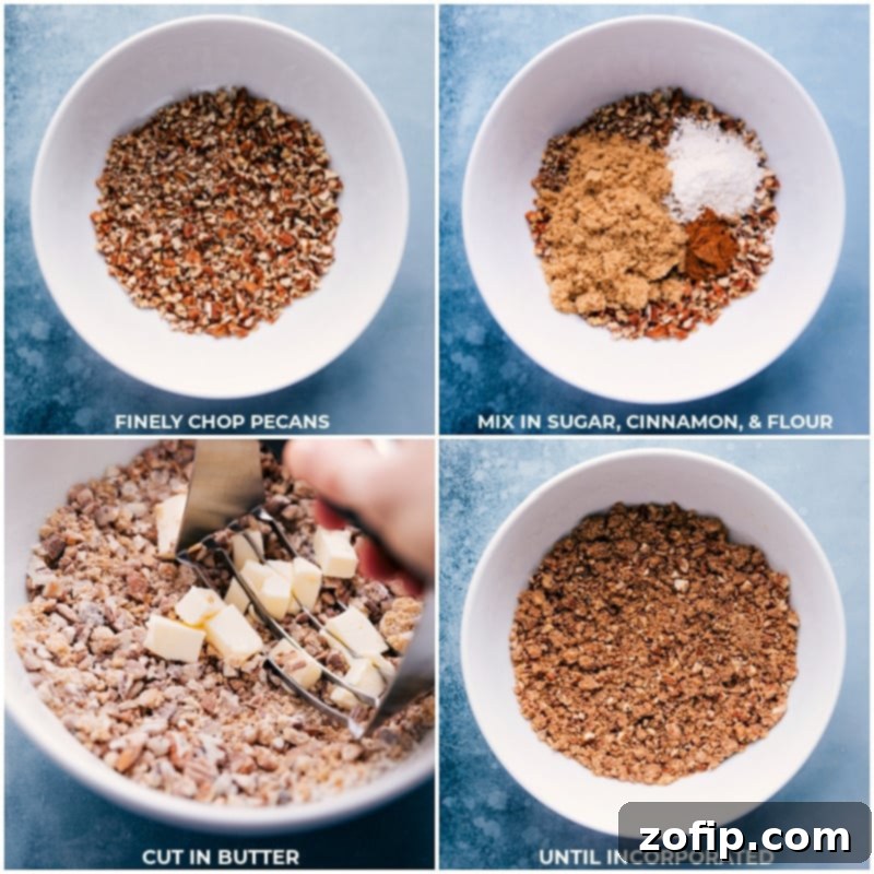 Close-up shot of the process of preparing the crunchy pecan streusel topping, mixing chopped pecans with brown sugar, flour, cinnamon, and butter until perfectly crumbly and ready for the pumpkin pecan pie.