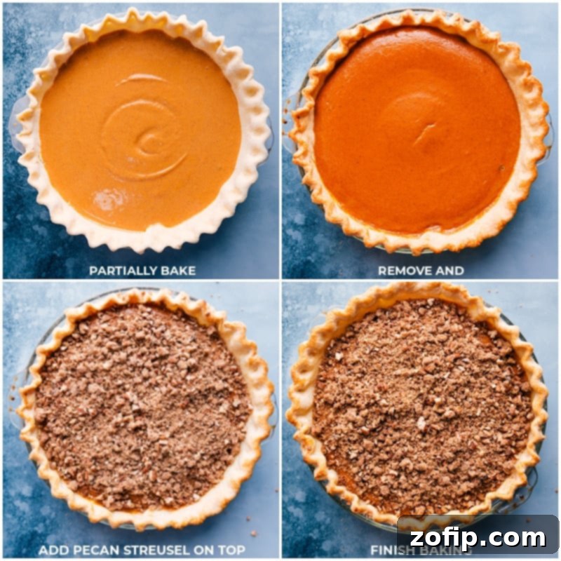 Sequential images demonstrating the baking process: the pie partially baked, then generously topped with the pecan streusel, and finally, returned to the oven for its last stage of baking.