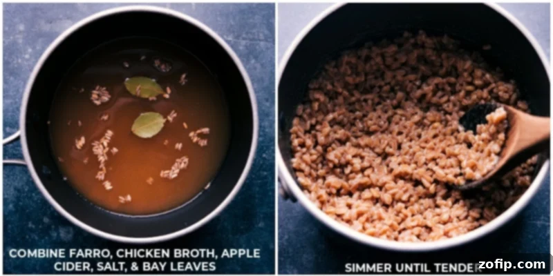 Cooking farro in apple cider and broth for maximum flavor. Process shots: combining ingredients and simmering farro until tender and flavorful.