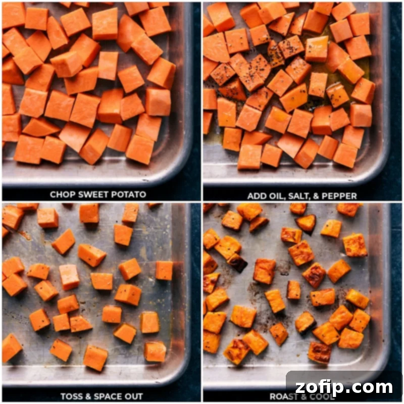 Perfectly roasted sweet potatoes for your farro salad. Process shots: chopping sweet potato and tossing with oil, salt and pepper; roasting until tender and browned.