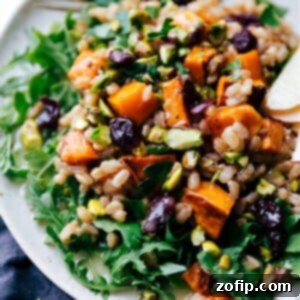 Roasted Sweet Potato Farro Salad 4 A close-up image of the Sweet Potato Farro Salad.