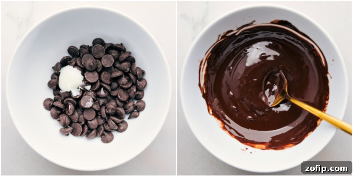 The chocolate chips being melted with coconut oil.