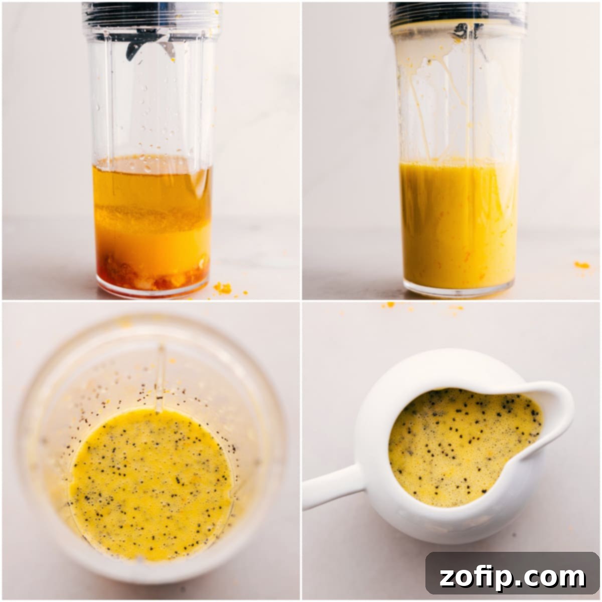 Ingredients for the citrus poppy seed dressing being blended in a small blender, then transferred to a mason jar with poppy seeds added for mixing.