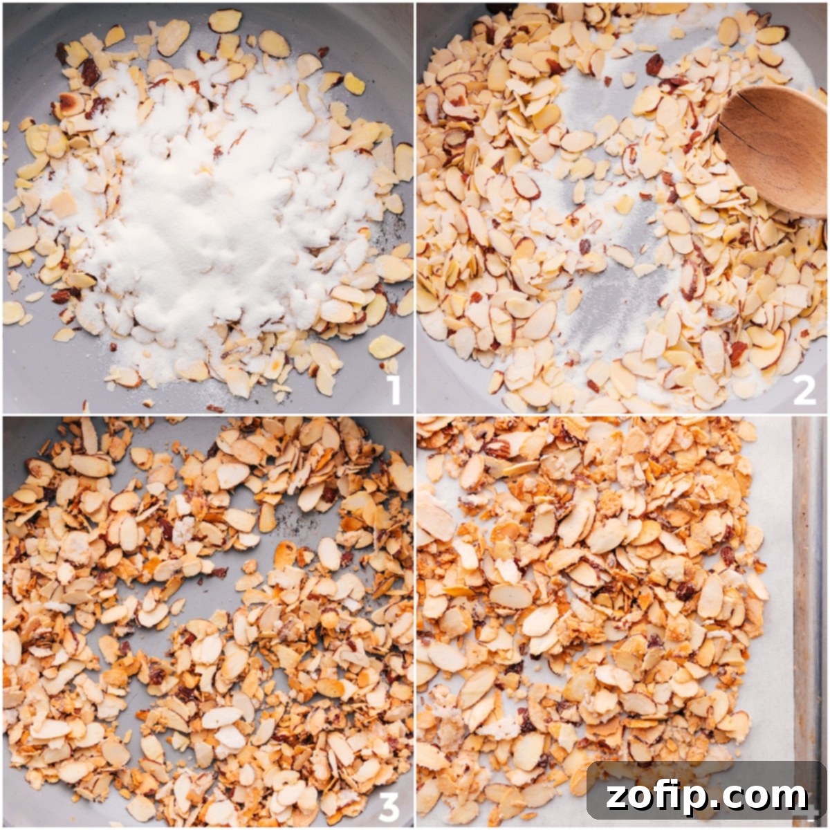 Close-up of golden-brown sugared almonds cooling on parchment paper after being toasted, ready to be broken into pieces.
