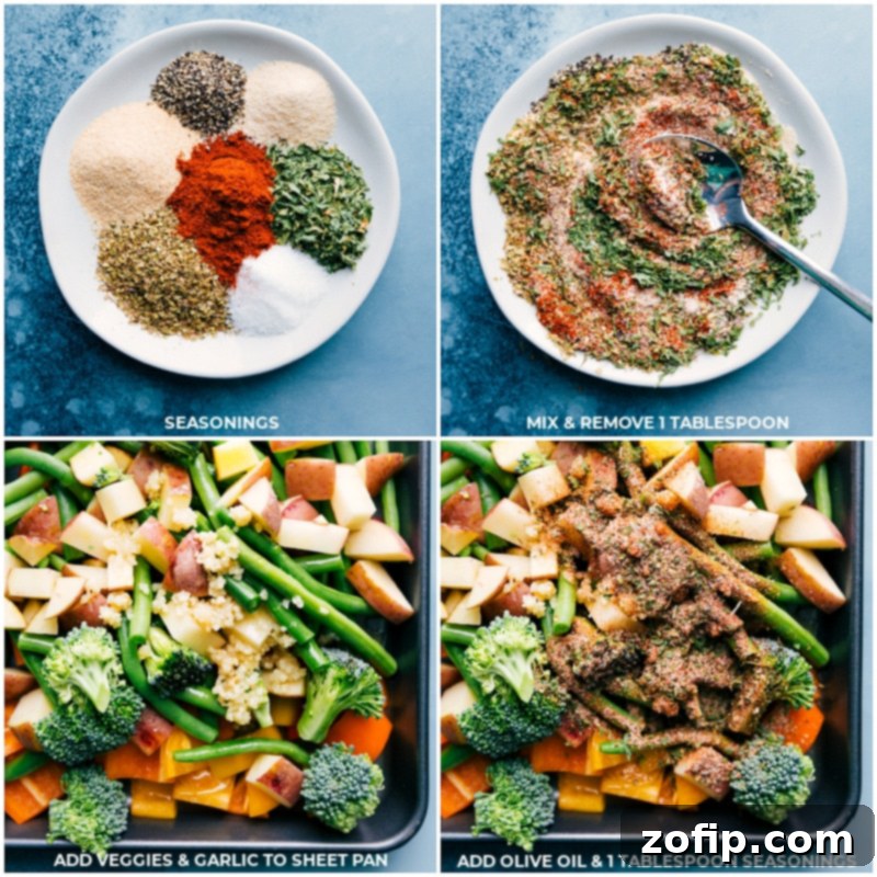 Roasting Vegetables with Signature Seasoning for Baked Parmesan Chicken Tenders A bowl of mixed seasoning being sprinkled over colorful, chopped vegetables on a baking sheet, ready for roasting.