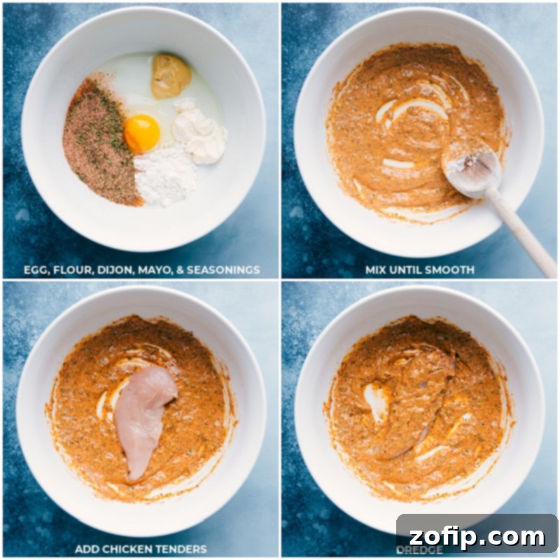 Preparing the Flavorful Batter for Baked Parmesan Chicken Tenders Process of creating the chicken batter in a bowl and then dipping chicken tenderloins into the prepared batter.