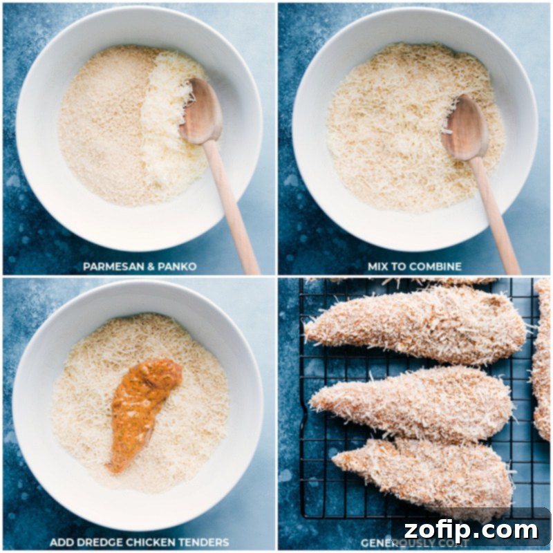 The Perfect Panko-Parmesan Breading for Crispy Chicken Tenders Panko breadcrumbs and grated Parmesan cheese being mixed in a bowl, followed by chicken tenders being dredged in the mixture and placed on a wire cooling rack for baking.
