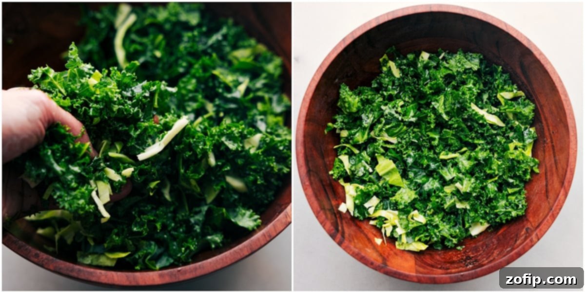 The vibrant green mixture of kale and cabbage being thoroughly mixed in a large bowl with wooden serving spoons, perfectly illustrating the crucial process of preparing the salad base before dressing.