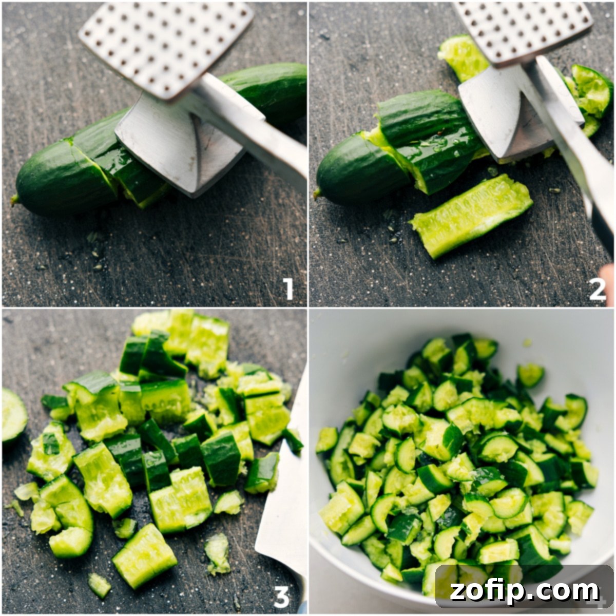 The Art of Cucumber Smashing for Optimal Flavor A sequence of images demonstrating the process of smashing cucumbers with a meat mallet, followed by chopping them into bite-sized pieces and adding them to a bowl for the smashed cucumber salad.