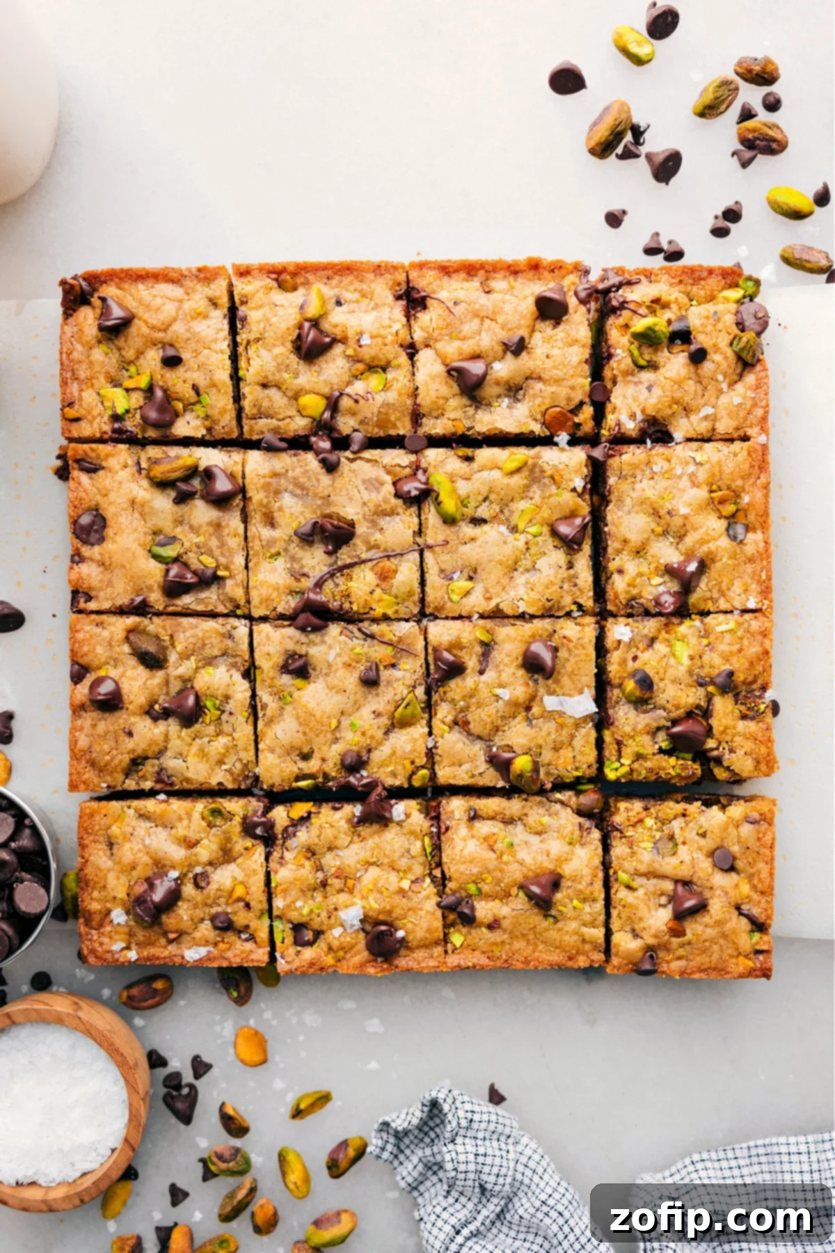 Perfectly golden and chewy blondie bars, freshly cut and ready to enjoy, showcasing baked-in chocolate chips and nuts.