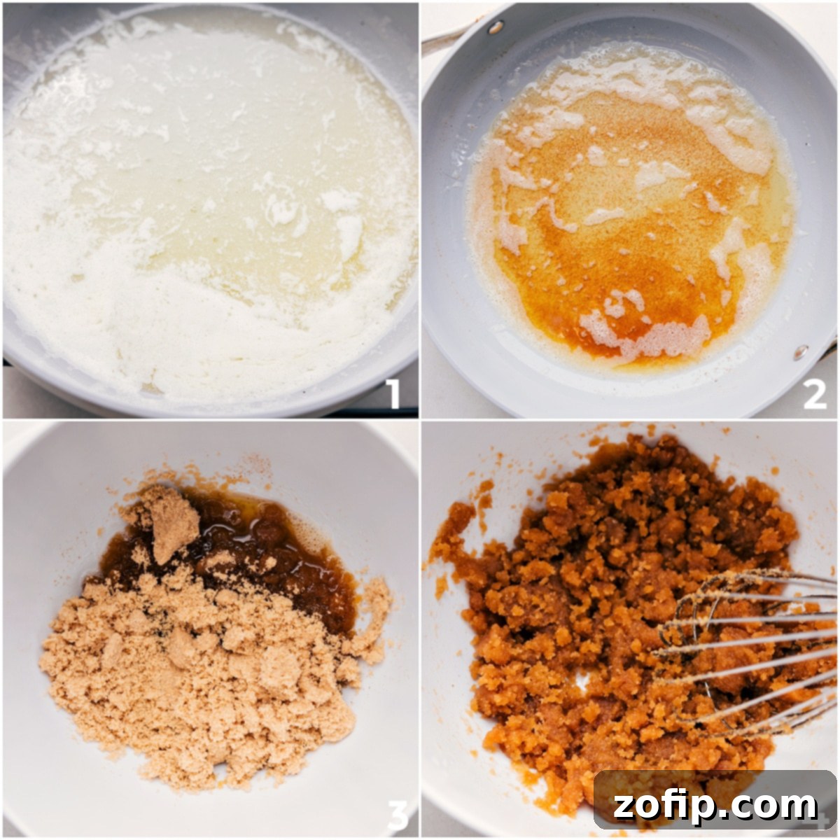 The process of browning butter in a light-colored pan, followed by mixing it with the sugars to create the base for the blondie recipe.