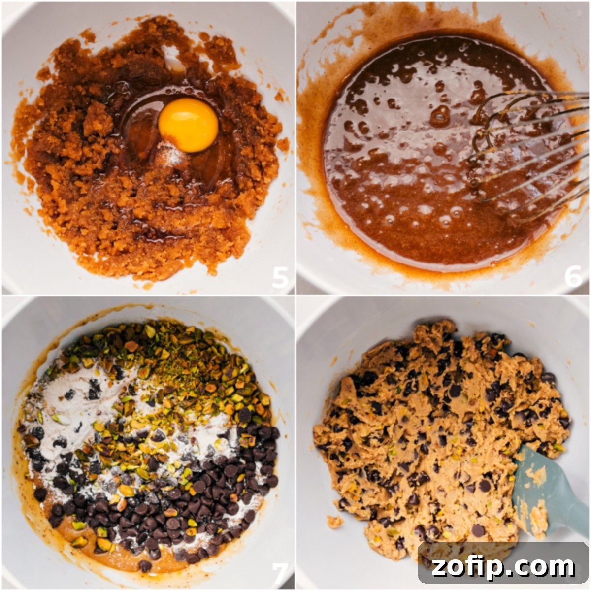 Detail shot of an egg being whisked into a bowl of wet ingredients, followed by the dry ingredients and chocolate chips and nuts being mixed into the blondie batter.