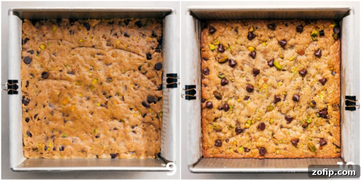 Golden blondies baking in an 8x8 inch pan, nearly ready to be removed from the oven.