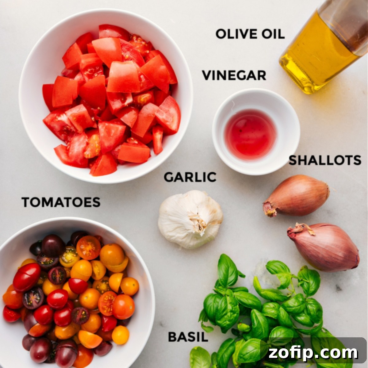 All the fresh ingredients for the tomato salad prepped and ready for assembly.