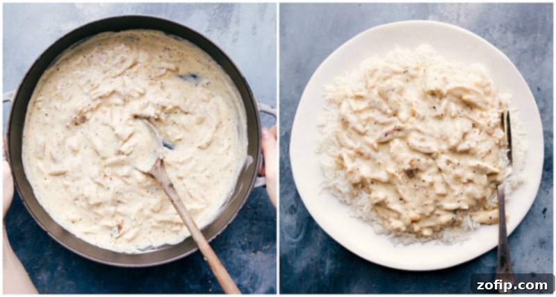 A perfectly portioned serving of Hawaiian Haystacks, with rich chicken gravy spooned over a fluffy bed of rice, ready for custom toppings.