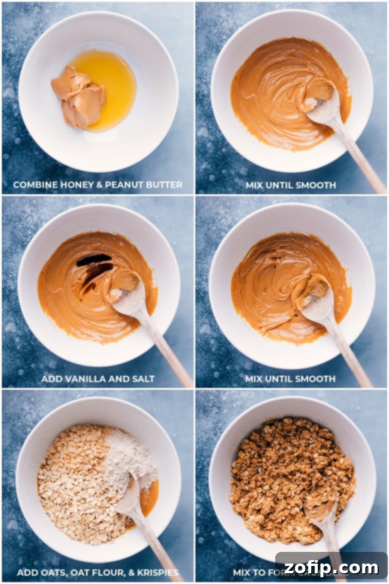 Crafting No-Bake Granola: A simple, 10-minute recipe for a healthy, customizable snack with no baking required. Step-by-step process of combining ingredients for homemade No-Bake Granola in a bowl.