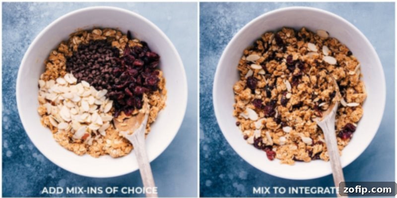 Customize your No-Bake Granola with endless possibilities of delicious add-ins for a personalized snack. Adding optional mix-ins like chocolate chips, nuts, and dried fruit to the No-Bake Granola base.