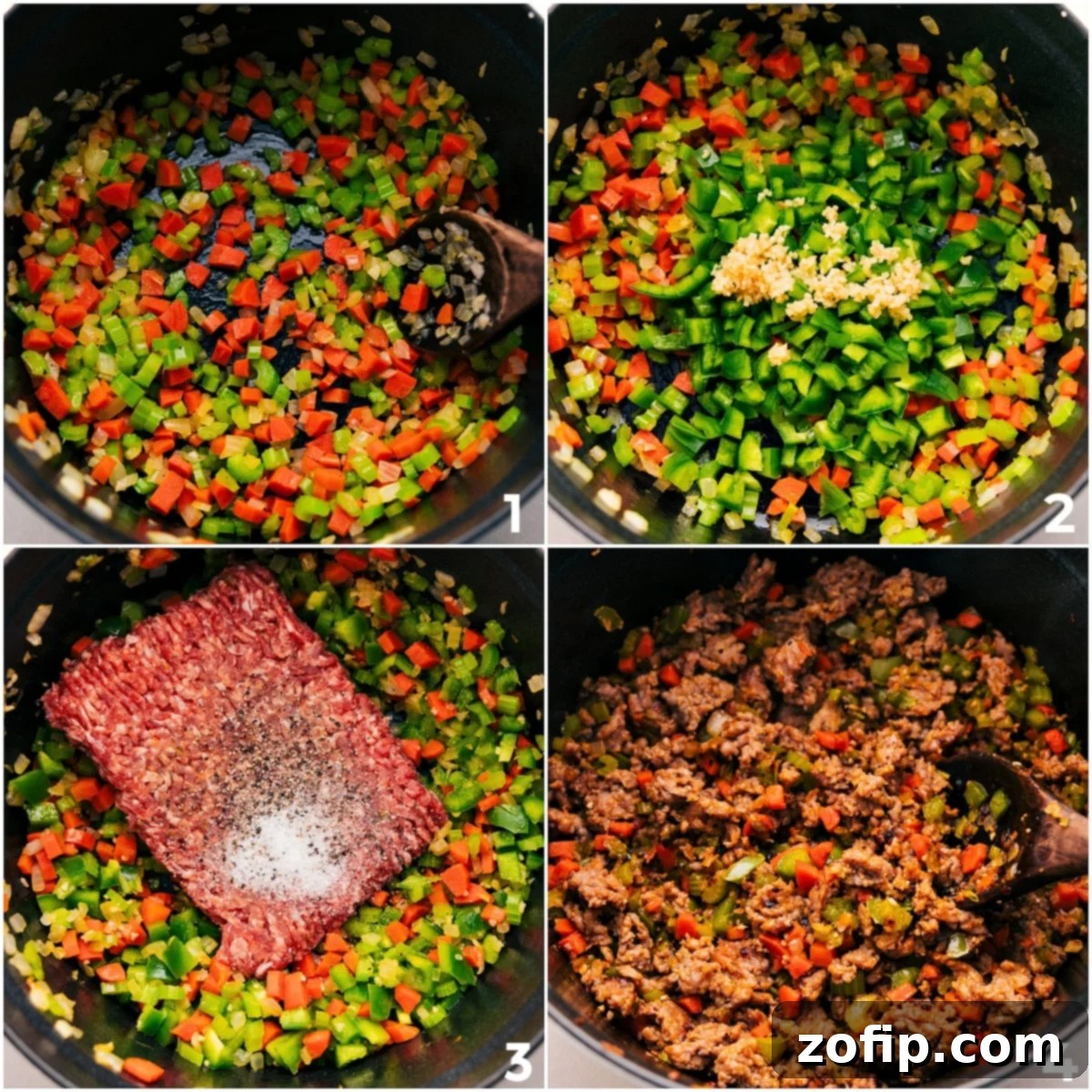 How To Make Italian Sausage Orzo Soup A large pot on the stove, showing finely chopped vegetables sautéing and Italian sausage browning with seasonings, creating the flavorful base for the soup.