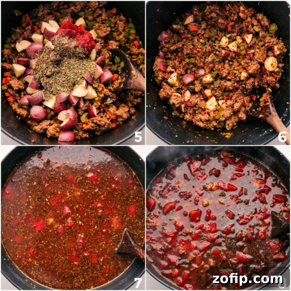 Simmering The Italian Sausage Orzo Soup The simmering Italian Sausage Orzo Soup in a large pot, showing the addition of potatoes, tomato paste, and a rich broth, infusing all the flavors.
