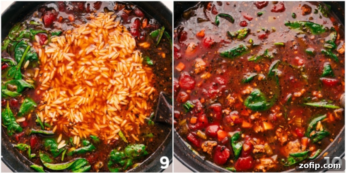 Cooking Orzo Pasta In This One Pot Soup Recipe Cooked orzo pasta and fresh baby spinach being stirred into the fragrant Italian Sausage Orzo Soup in the pot, just before serving.