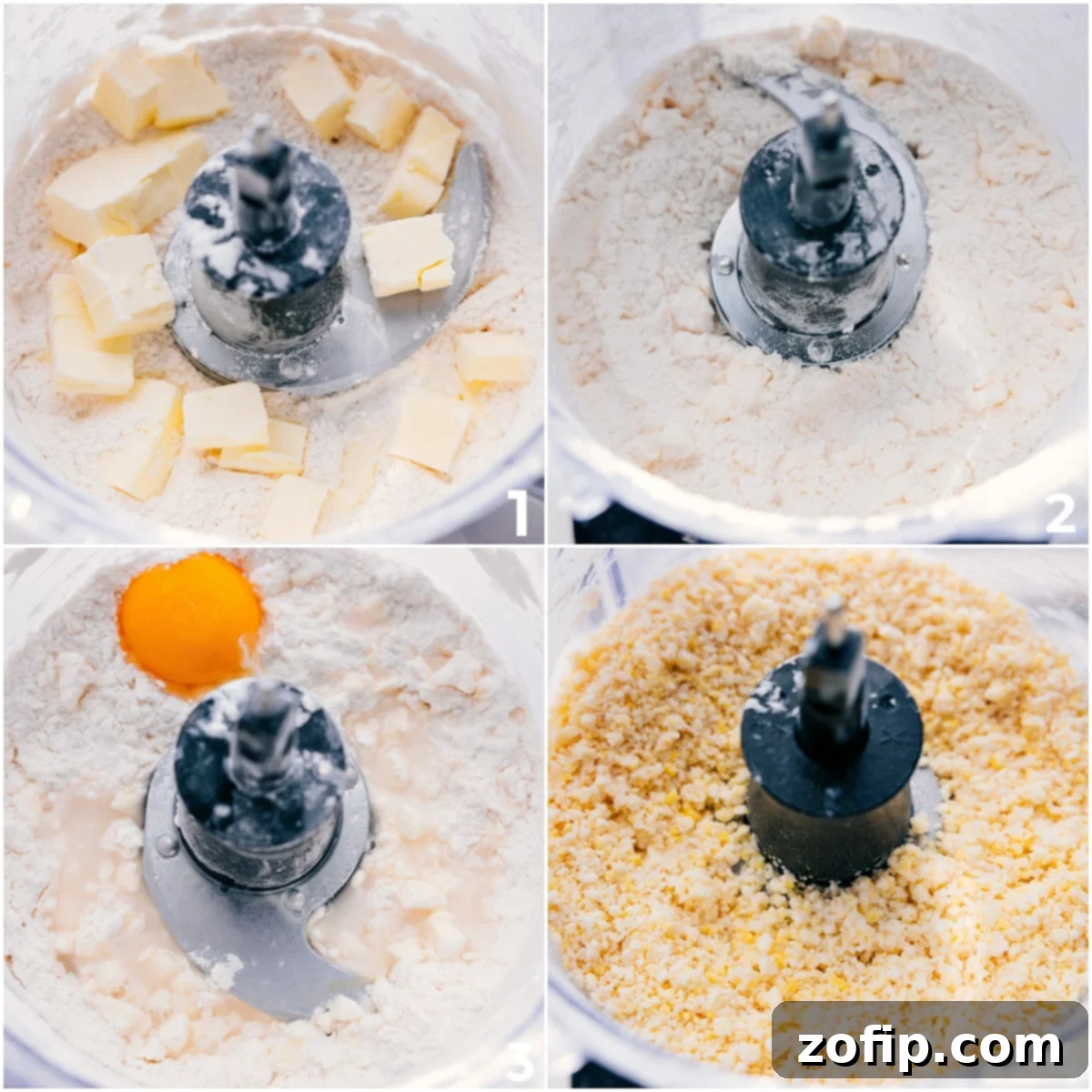 Step-by-Step Guide: How To Make The Perfect Pie Crust The process of making pie crust dough: blending flour and cold butter, then adding an egg yolk and powdered sugar, followed by ice water to form a cohesive, thick dough in a food processor.