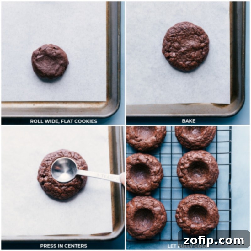 Process shots: images of brownie cookie dough being rolled out, baked on a sheet pan, and centers pressed in to create the thumbprint shape for Almond Joy Cookies.