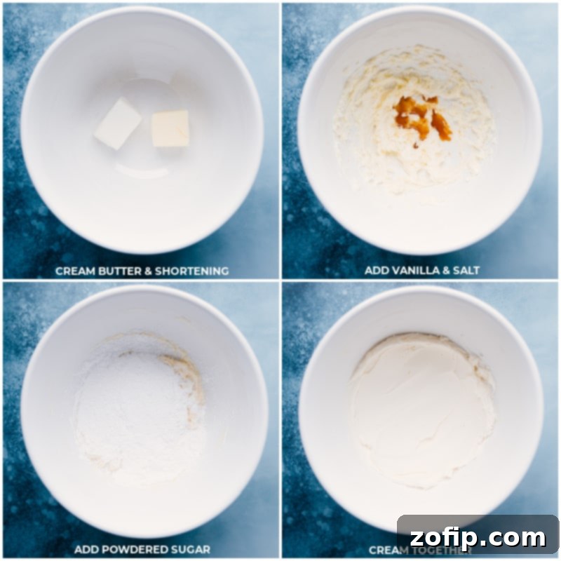 Process shots of Almond Joy Cookies: showing creamy white coconut frosting being whipped together in a stand mixer, achieving a smooth and fluffy consistency.