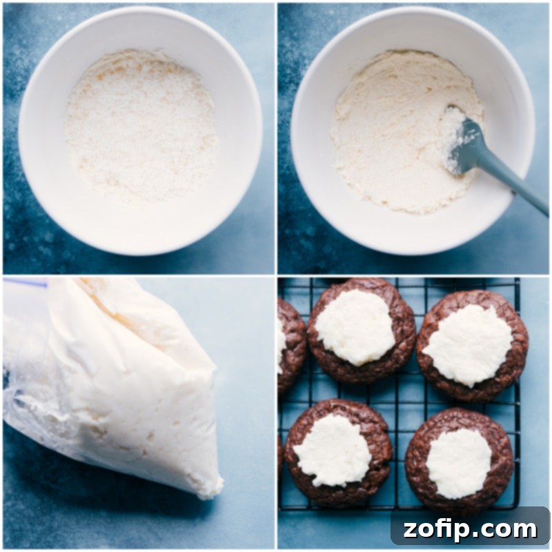 Process shots of Almond Joy Cookies: showing the creamy coconut frosting being piped into the centers of the baked brownie cookies, and then sweetened coconut flakes being carefully sprinkled on top.