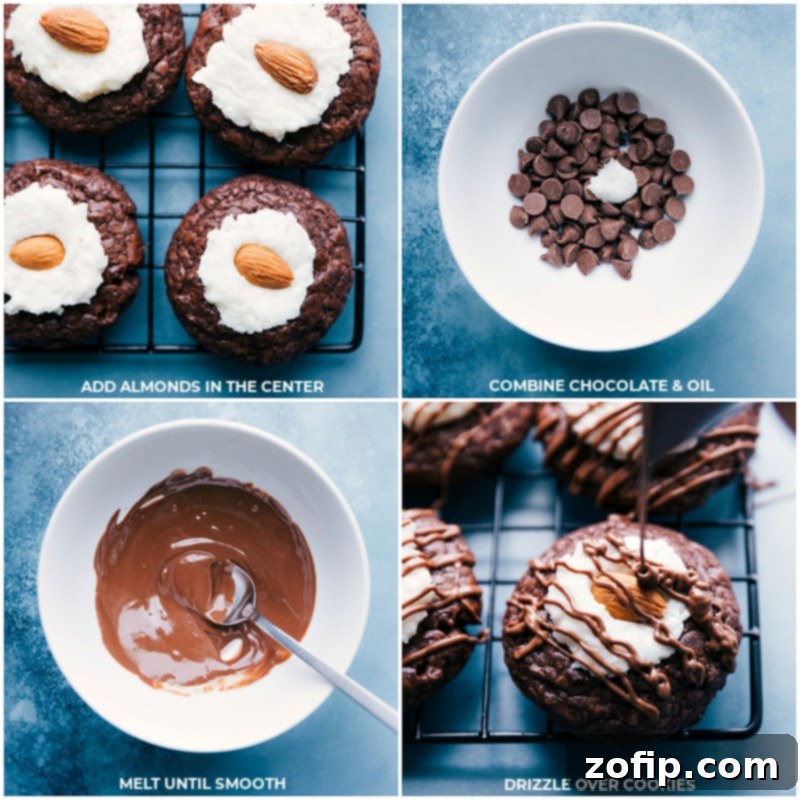 Process shots: whole roasted almonds being carefully placed in the center of frosted Almond Joy Cookies, followed by a generous drizzle of melted chocolate over the entire cookie surface.