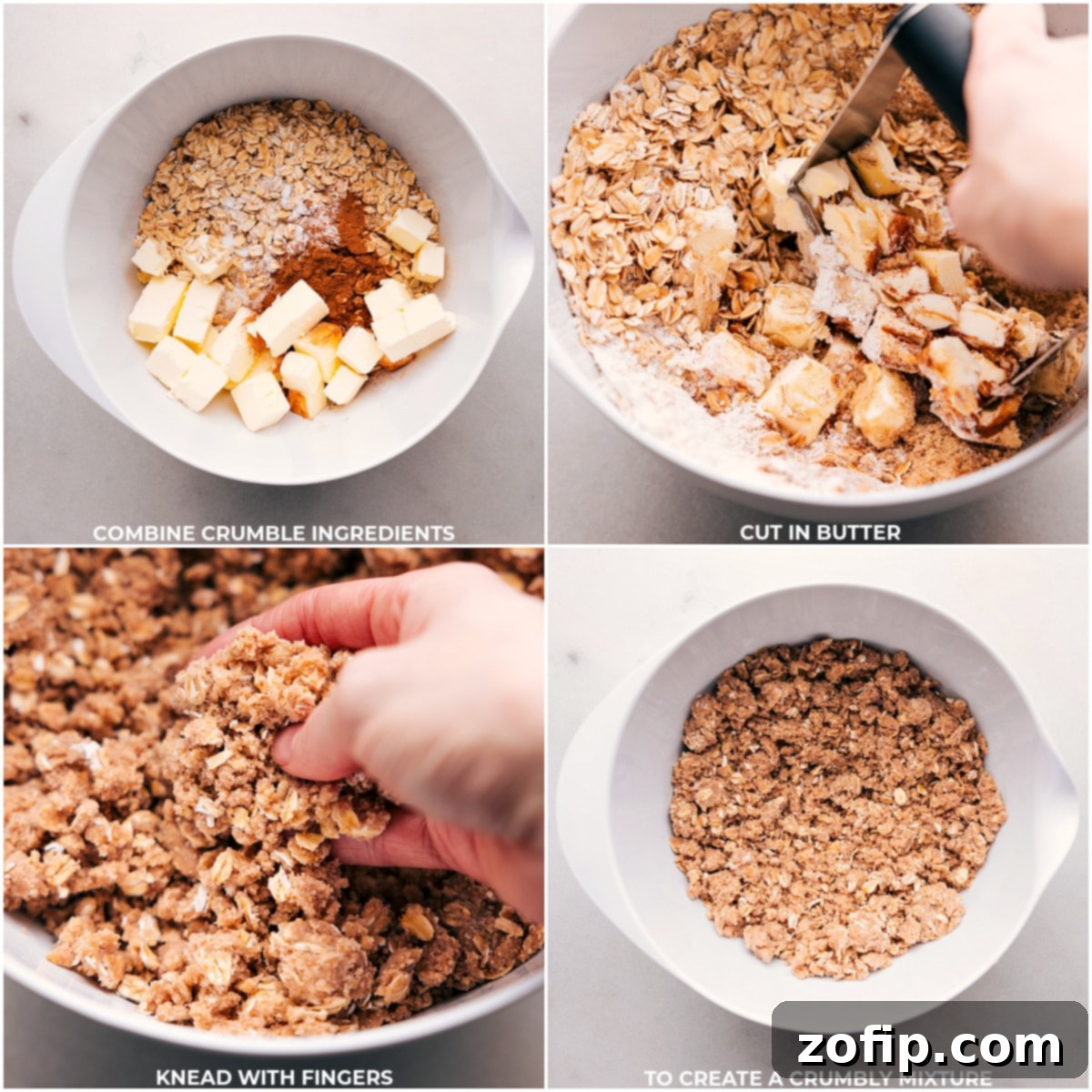 Mixing the dry ingredients and cold butter with a pastry cutter to create the perfect crumbly topping for cherry crisp.