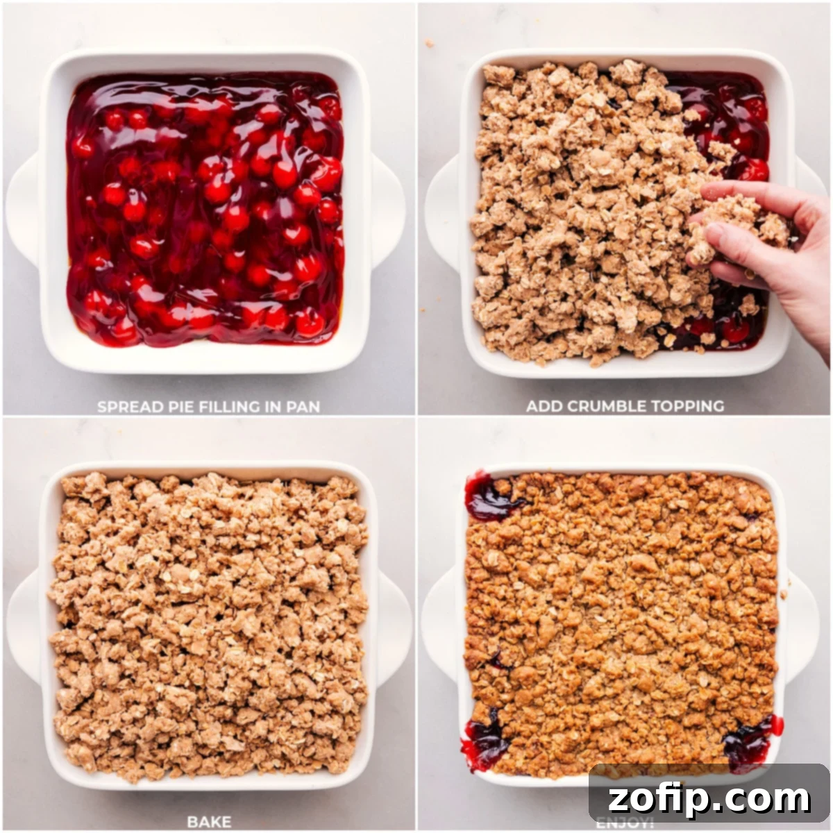 The layering process of cherry crisp, showcasing the vibrant cherry base topped with a generous, golden crumble mixture.