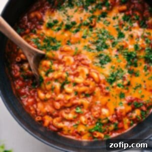Delicious One-Pot Chili Mac ready to serve.