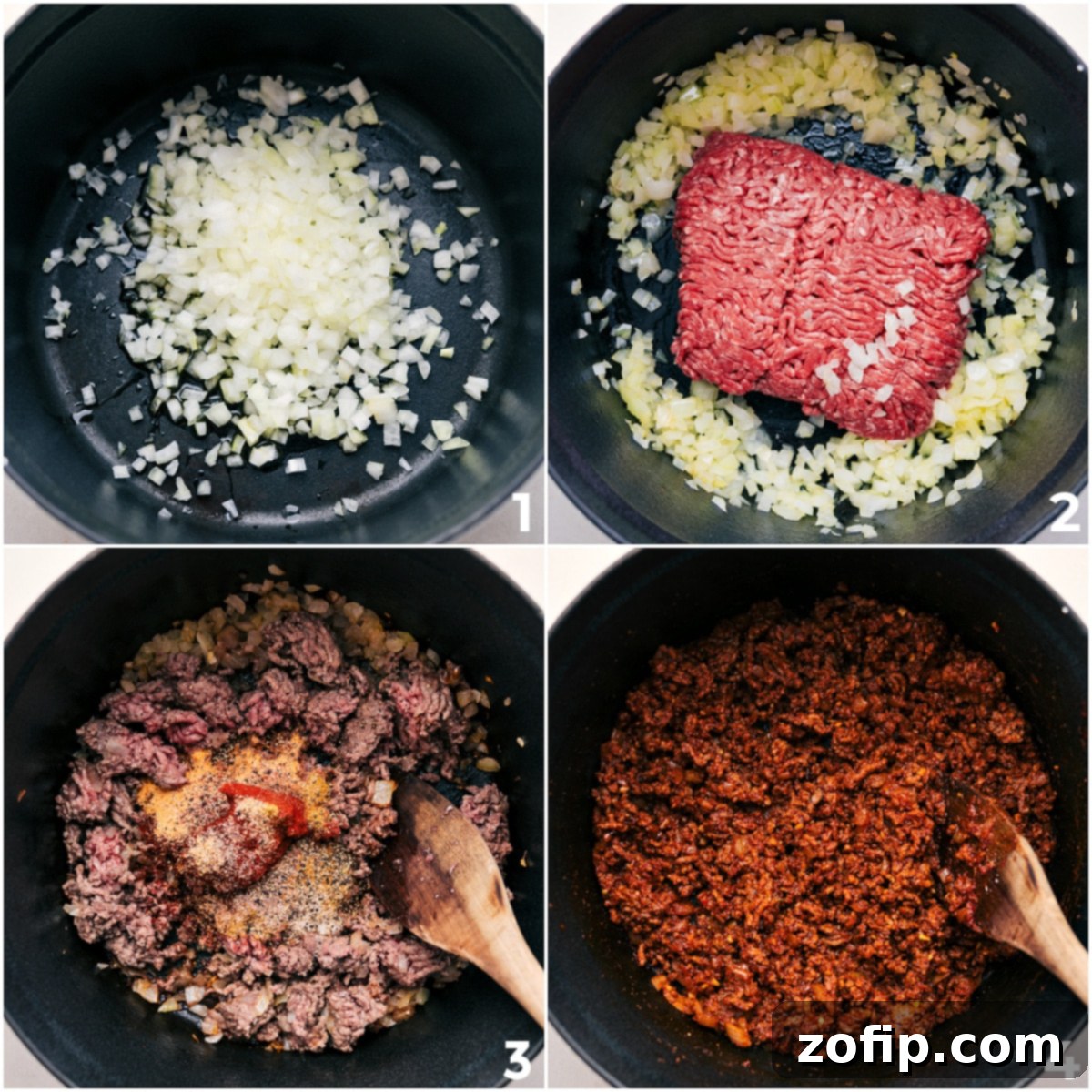 Sautéing onions, browning ground beef, and cooking in seasonings and tomato paste for this one-pot chili mac.