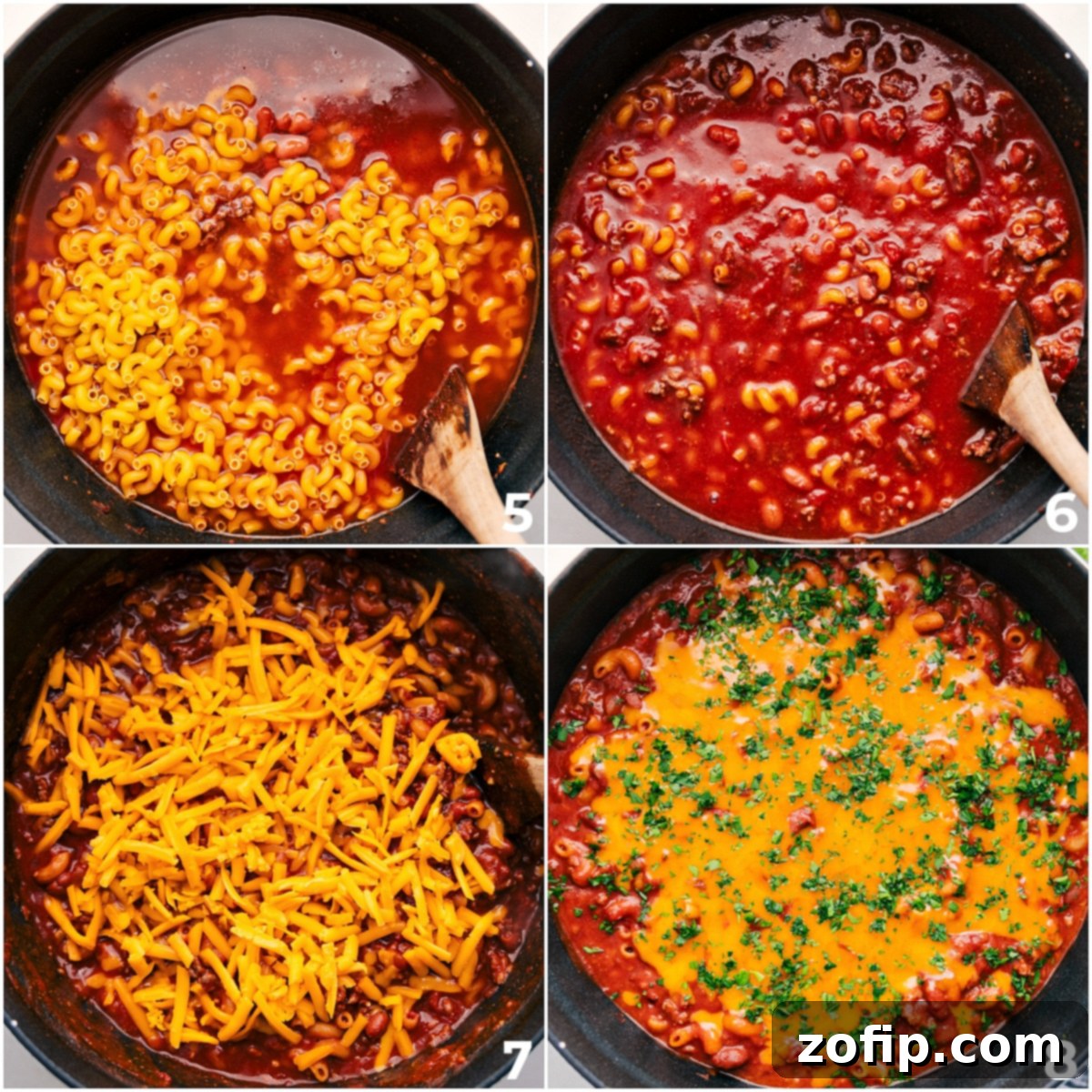 Adding and cooking the pasta in the chili, then stirring in the cheese and letting it all cook together for a delicious weeknight dinner.