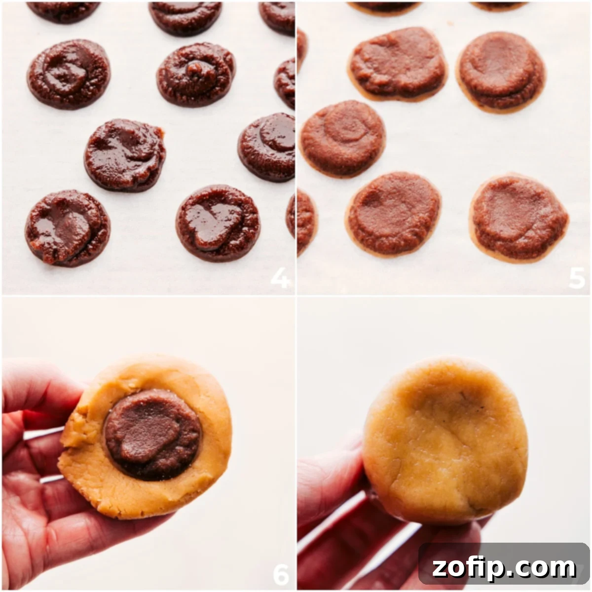 Process of adding the frozen brown sugar filling into the prepared cookie dough balls for Pop-Tart Cookies.