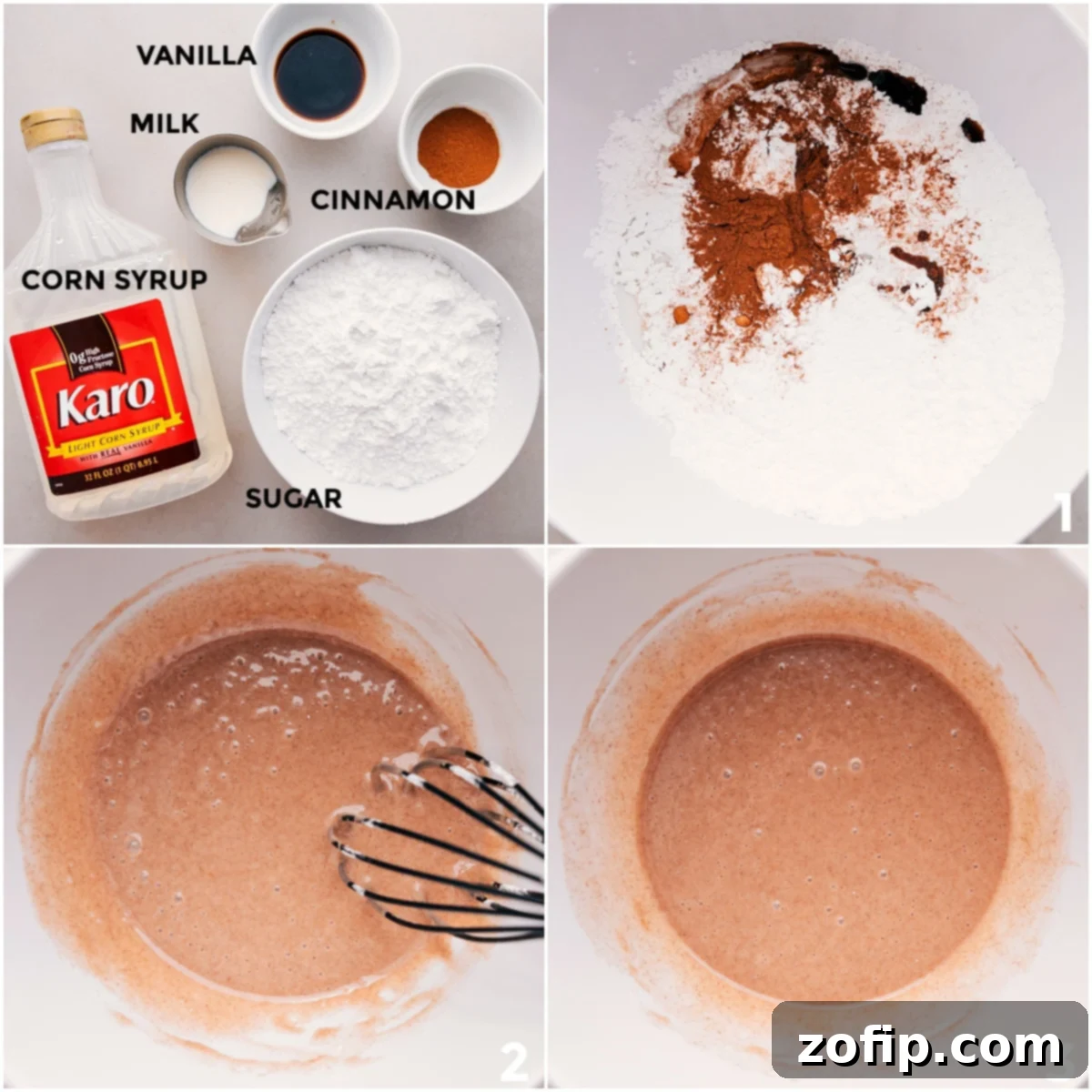 Step-by-step process of whisking ingredients to create the sweet cinnamon glaze for Pop-Tart Cookies.