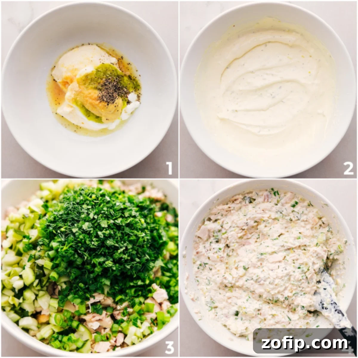 How To Make Dill Pickle Chicken Salad All the dill pickle chicken salad ingredients, including the creamy dressing, tossed together in a large bowl.