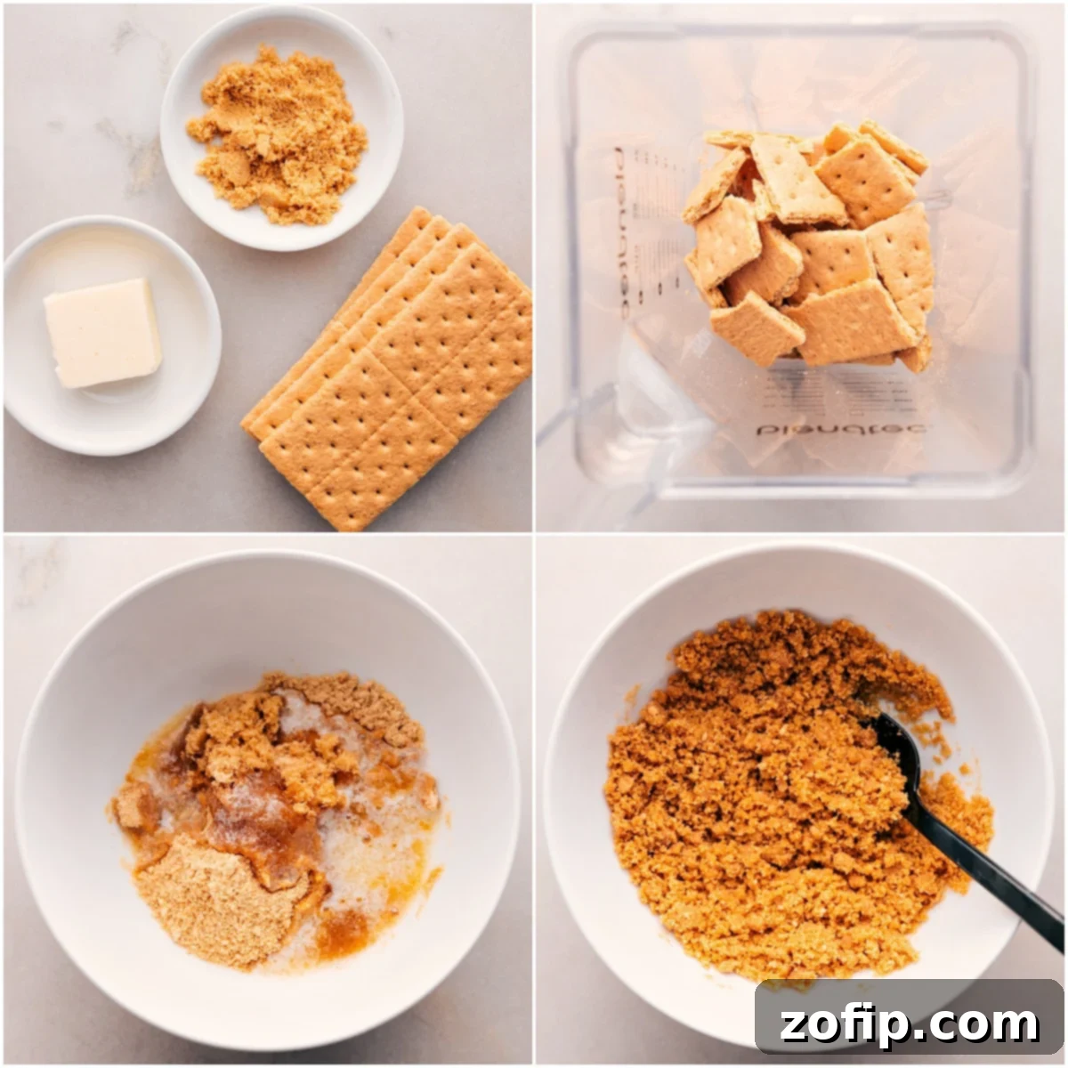 The process of making a graham cracker crust, showing crushed graham crackers, melted butter, and brown sugar being mixed together.