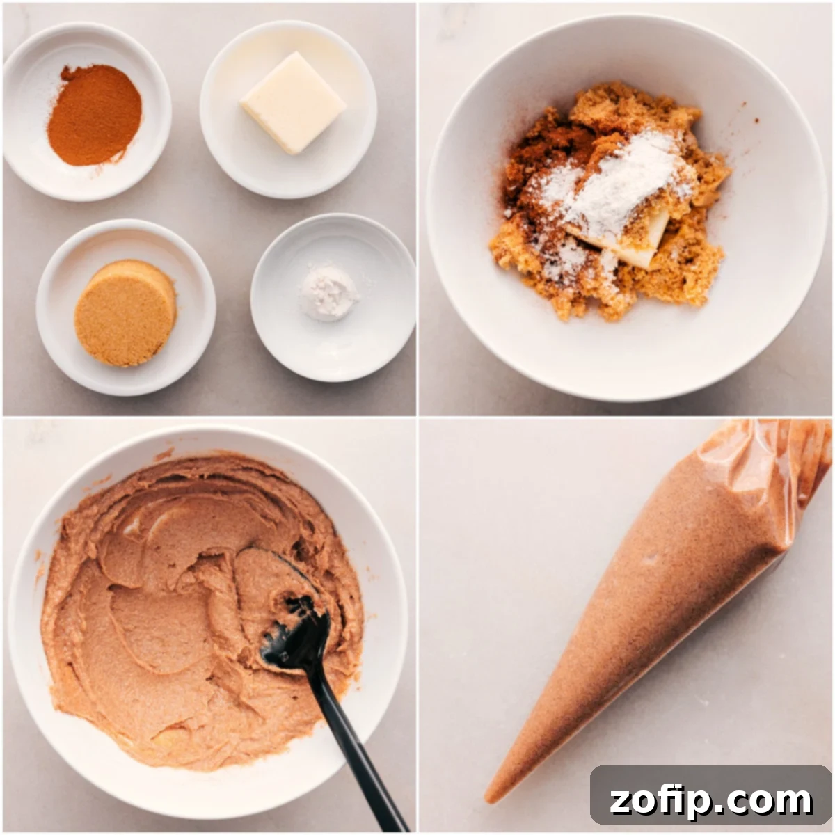 The delicate process of creating the cream cheese swirl on top of the cheesecake batter, using a mixture of cinnamon, butter, and brown sugar.