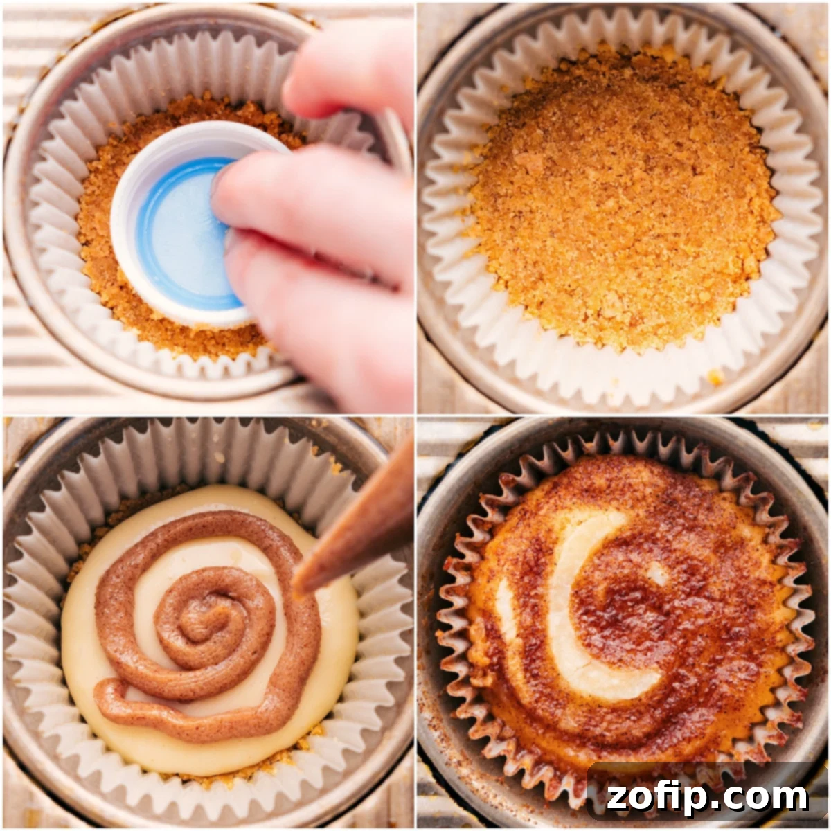 The final step in making mini cinnamon roll cheesecakes: pressing graham cracker crust, adding cheesecake filling, swirling cinnamon, and baking to perfection.
