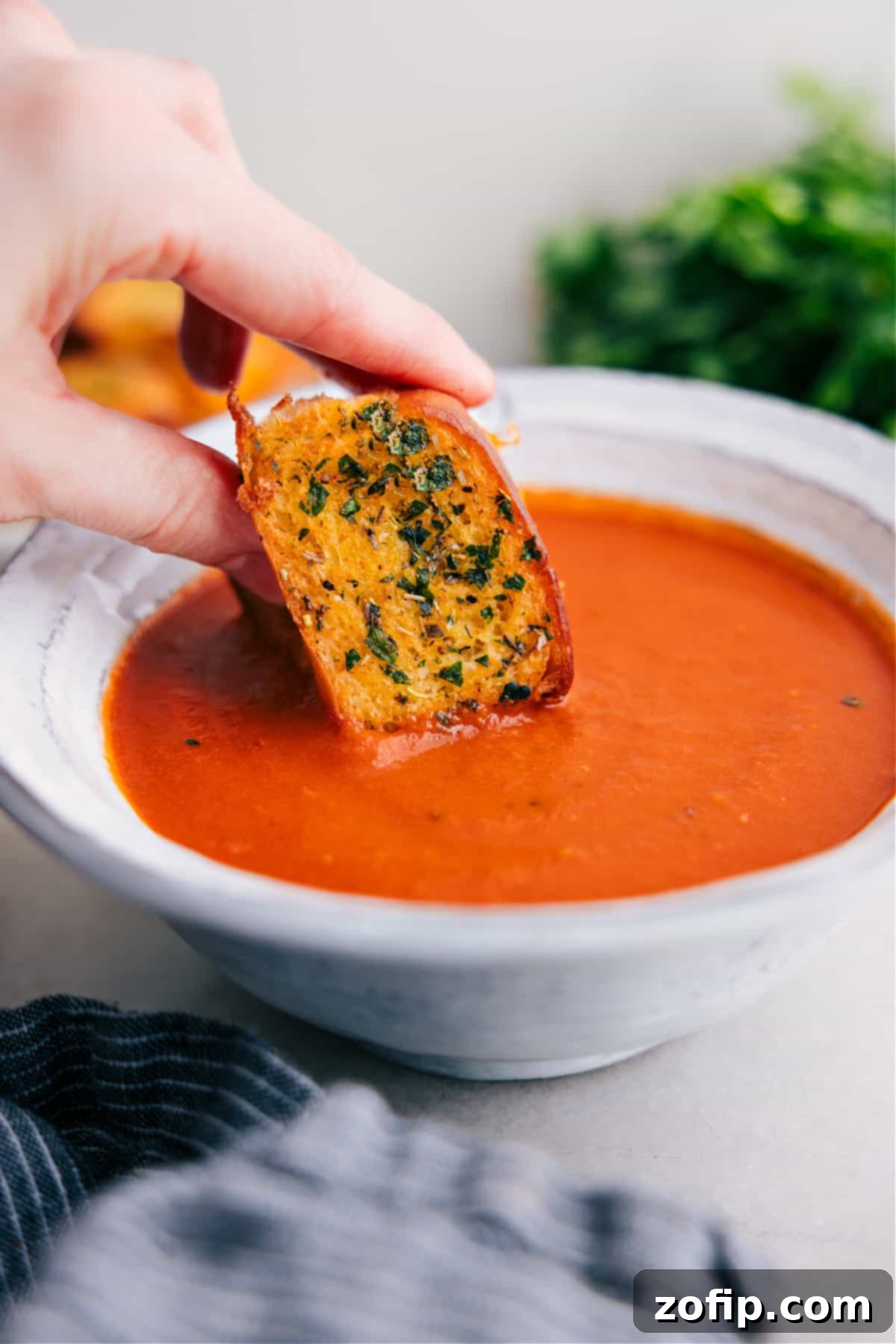Mini Grilled Cheese dips into a big bowl of tomato soup.